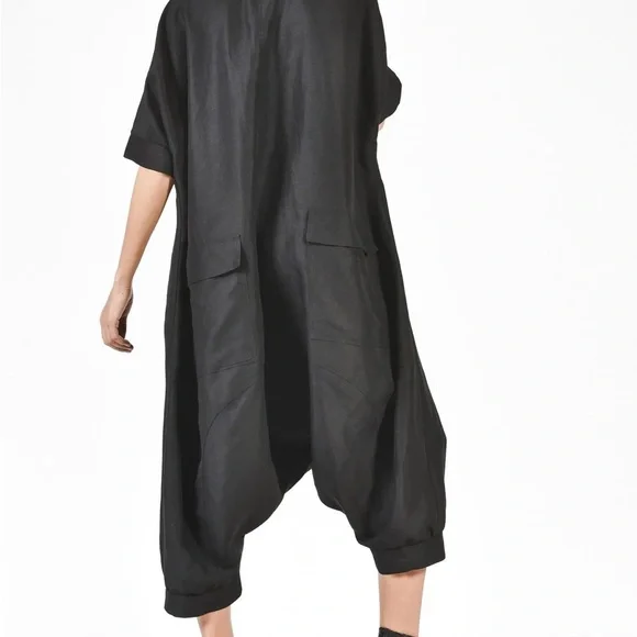100% Linen Black drop crotch jumpsuit - Picture 3 of 5